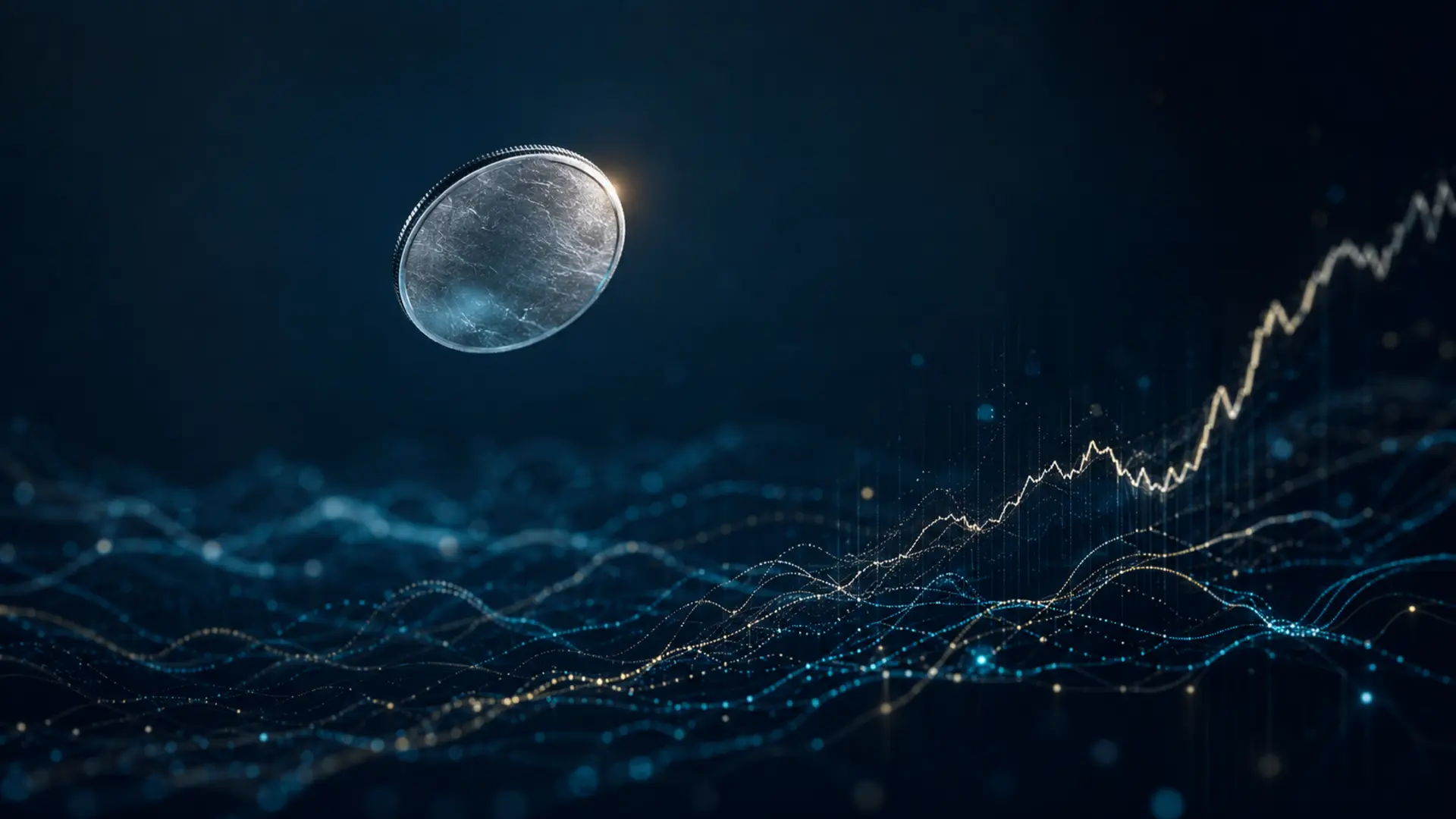 Moneta d'argento sospesa sopra traiettorie probabilistiche che diventano un grafico finanziario.