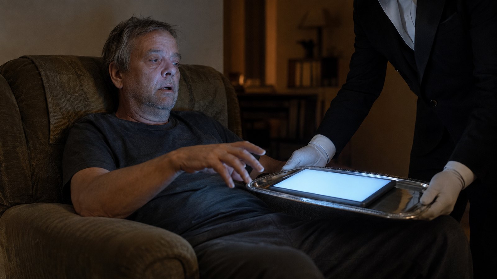 A man slumped in an armchair with a vacant stare reaches for a lit tablet served on a silver tray by a faceless butler