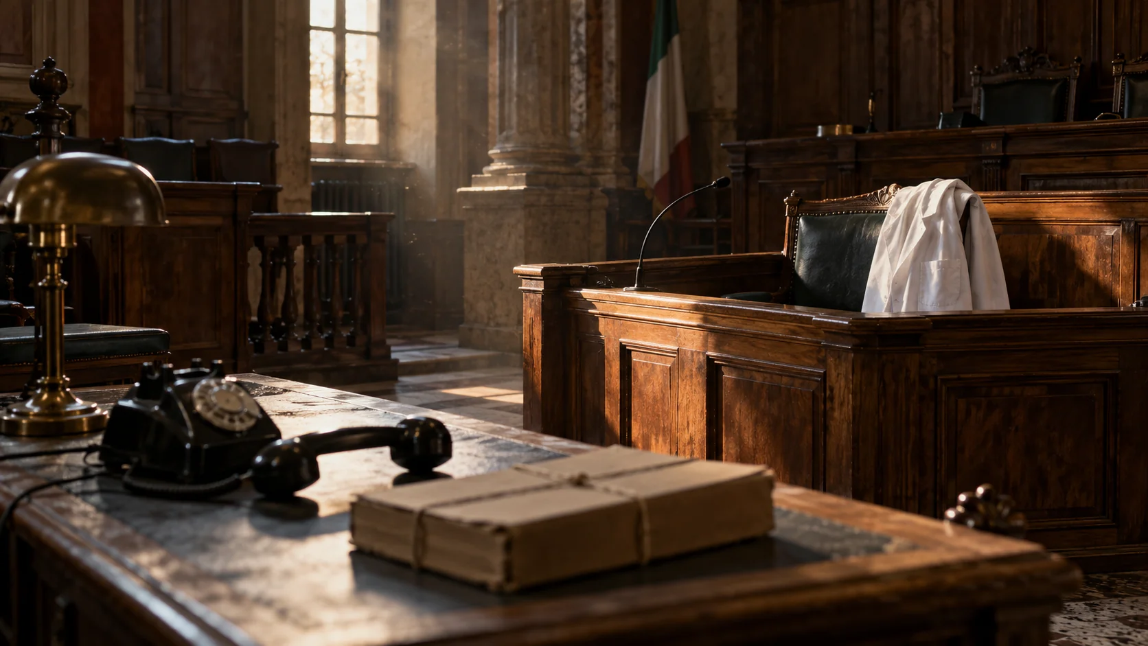 Aula di tribunale deserta: un camice bianco sulla sedia vuota dei testimoni, un fascicolo legato con lo spago e un vecchio telefono con la cornetta staccata.