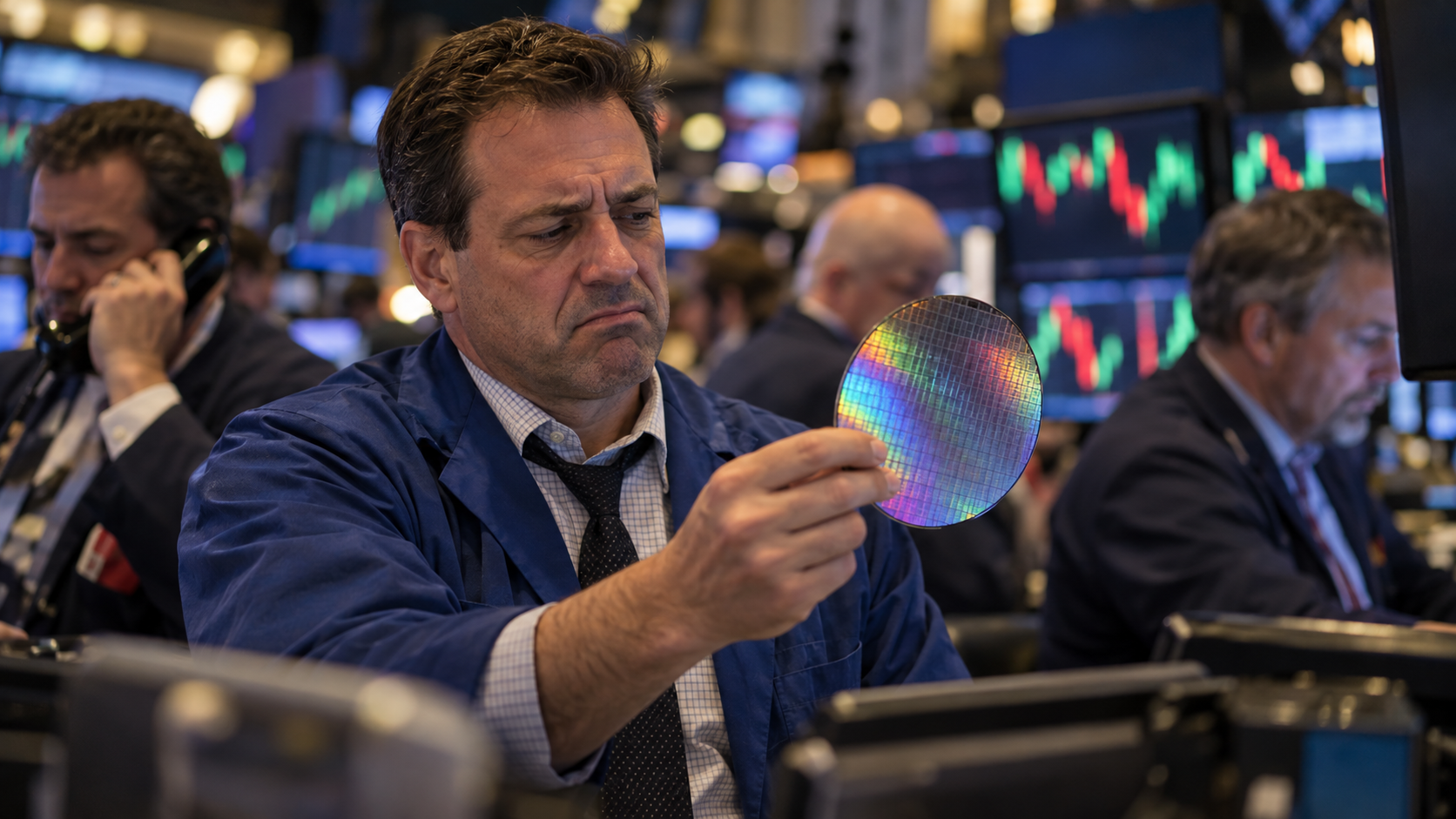 Un trader sul parterre della Borsa di New York osserva con scetticismo un wafer di silicio, mentre sugli schermi alle sue spalle scorrono grafici verdi e rossi