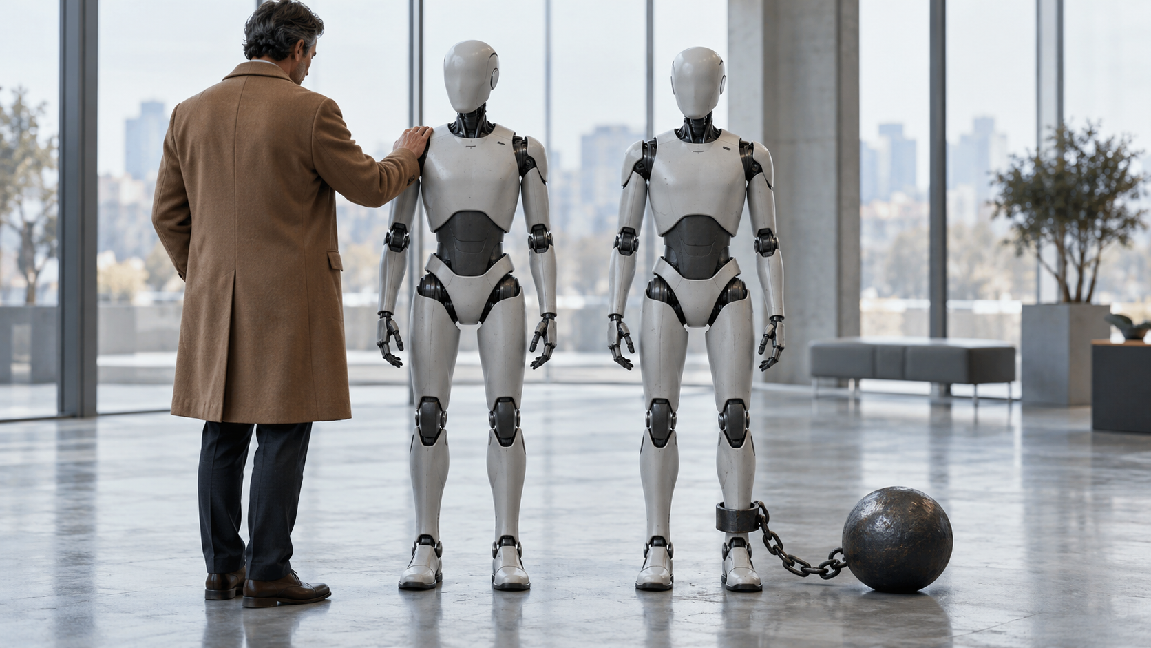 In uno showroom luminoso un uomo in cappotto cammello appoggia la mano sulla spalla di un robot umanoide bianco, mentre accanto un robot identico ha una palla di ferro incatenata alla caviglia