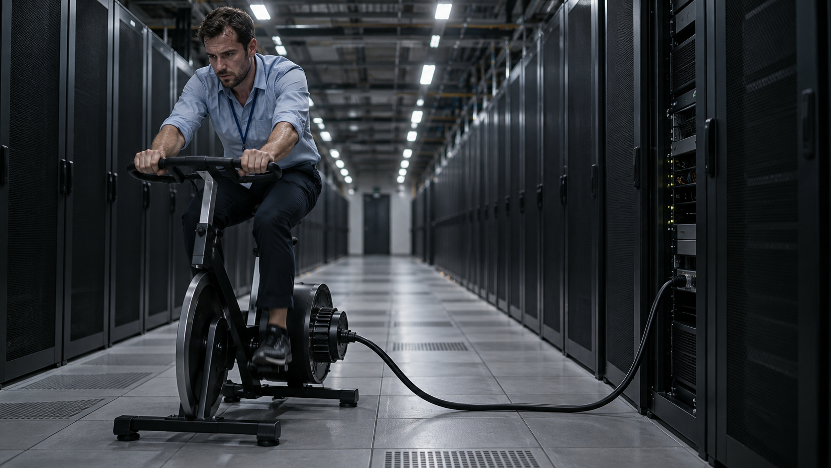 In un data center quasi spento un tecnico in camicia pedala su una cyclette collegata con un cavo nero all'unico armadio di server con le spie accese.