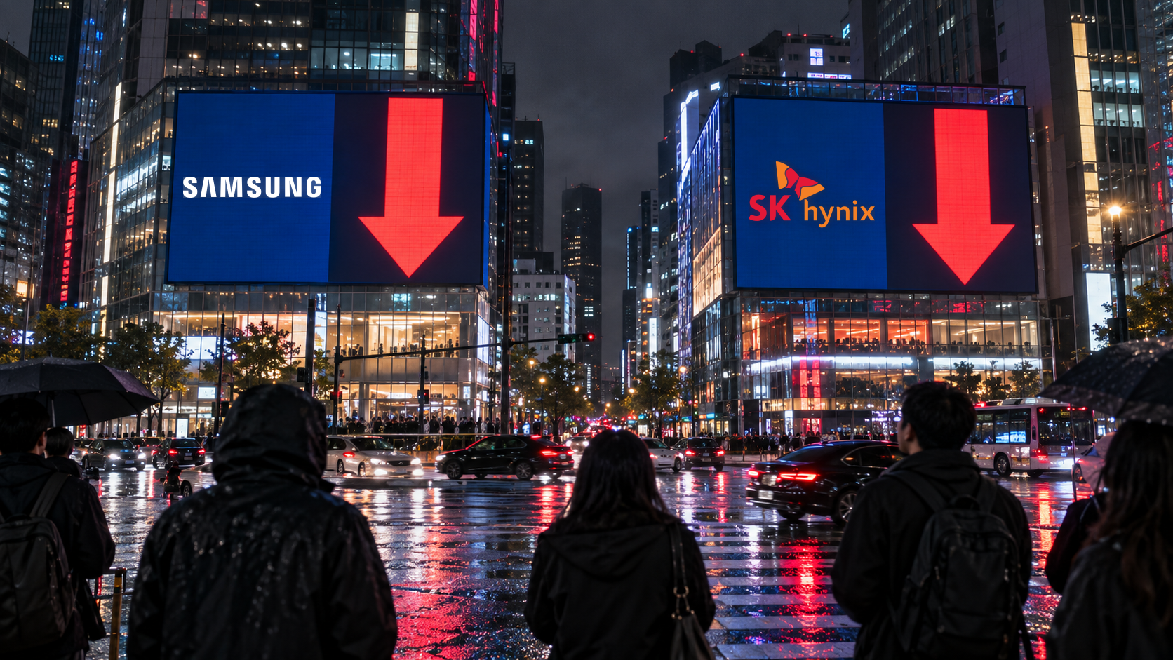 Di notte, in una strada bagnata di Seul, alcuni passanti guardano due maxischermi con i loghi di Samsung e SK hynix accanto a grandi frecce rosse verso il basso.