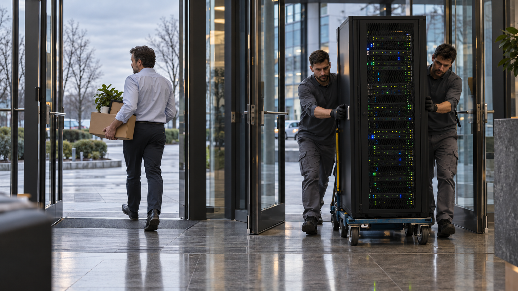 All'ingresso di un ufficio, un impiegato esce con lo scatolone delle sue cose mentre due operai portano dentro un armadio di server su un carrello.