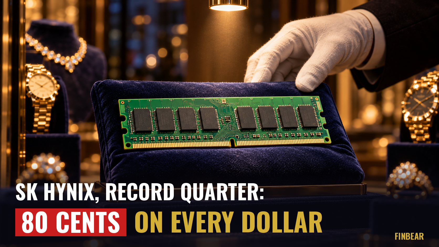 In a jewelry store window, a white-gloved hand arranges a computer memory module on a blue velvet cushion, displayed like a jewel among gold necklaces, rings and watches. Text: "SK hynix, record quarter: 80 cents on every dollar".