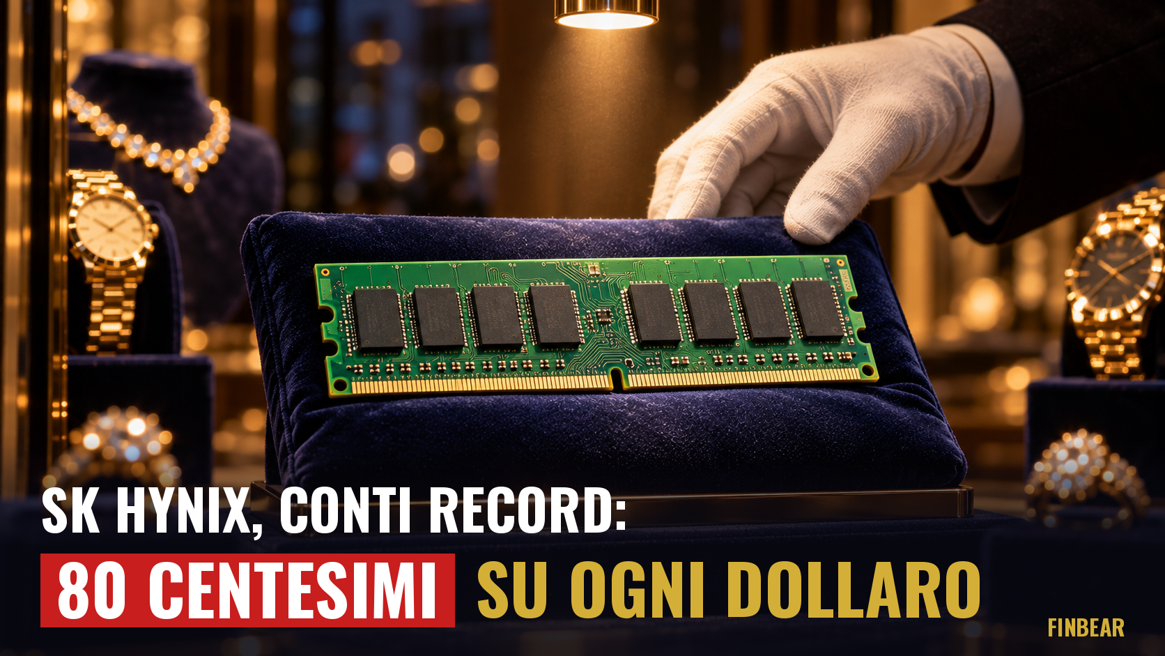 Nella vetrina di una gioielleria, una mano in guanto bianco sistema un modulo di memoria per computer su un cuscino di velluto blu, esposto come un gioiello fra collane, anelli e orologi d'oro. Scritta: «SK hynix, conti record: 80 centesimi su ogni dollaro».