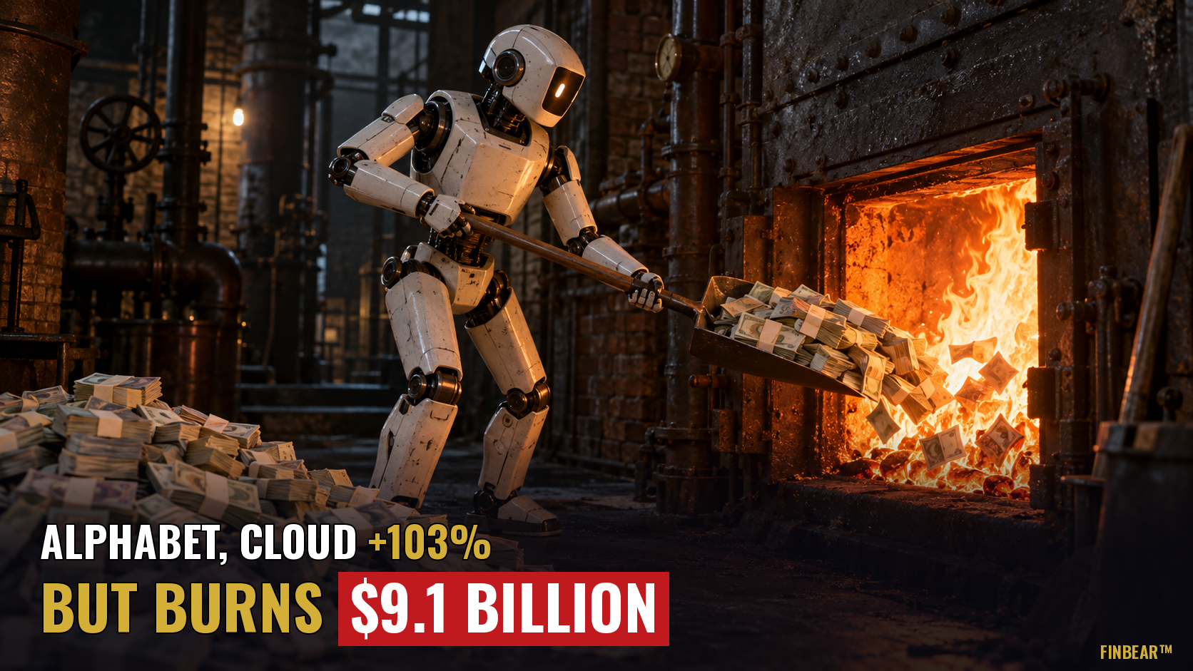 In a boiler room, a humanoid robot shovels banknotes into the mouth of a blazing boiler. Text: "Alphabet, cloud +103% but burns $9.1 billion".