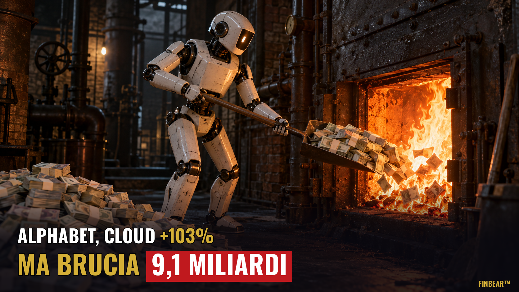 In una sala caldaie, un robot umanoide spala banconote dentro la bocca di una caldaia in fiamme. Scritta: «Alphabet, cloud +103% ma brucia 9,1 miliardi».