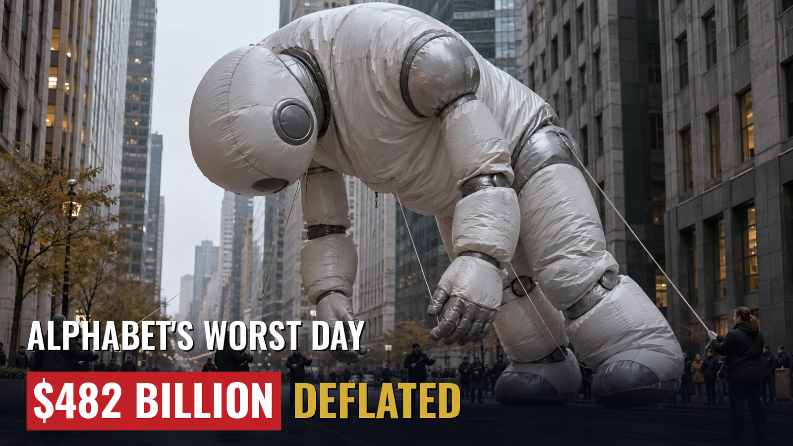 Above a city avenue, a huge inflatable robot balloon loses air and sags while handlers hold the ropes. Text: "Alphabet's worst day: $482 billion deflated".
