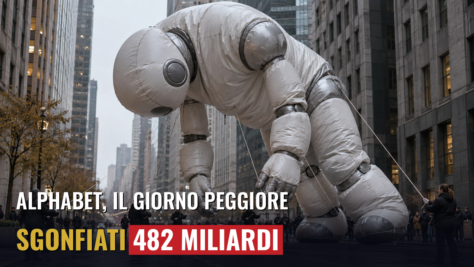 Sopra un viale di città, un enorme pallone gonfiabile a forma di robot perde aria e si affloscia, mentre gli addetti tengono le funi. Scritta: «Alphabet, il giorno peggiore: sgonfiati 482 miliardi».