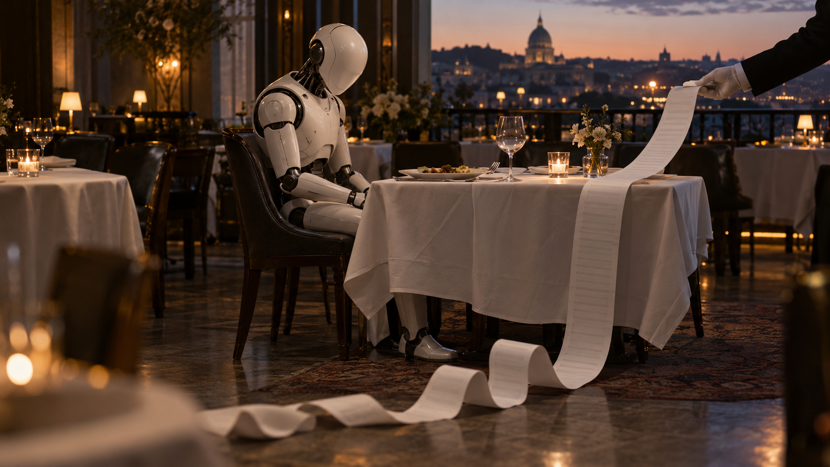 Un robot umanoide seduto al tavolo di un ristorante elegante riceve da un cameriere uno scontrino lunghissimo che si srotola fino a terra; sullo sfondo Roma al tramonto