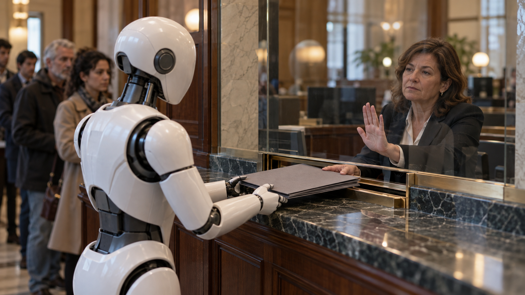 Allo sportello di una banca, un'impiegata dietro il vetro rimanda indietro la cartellina a un robot umanoide e alza la mano per dirgli di no.