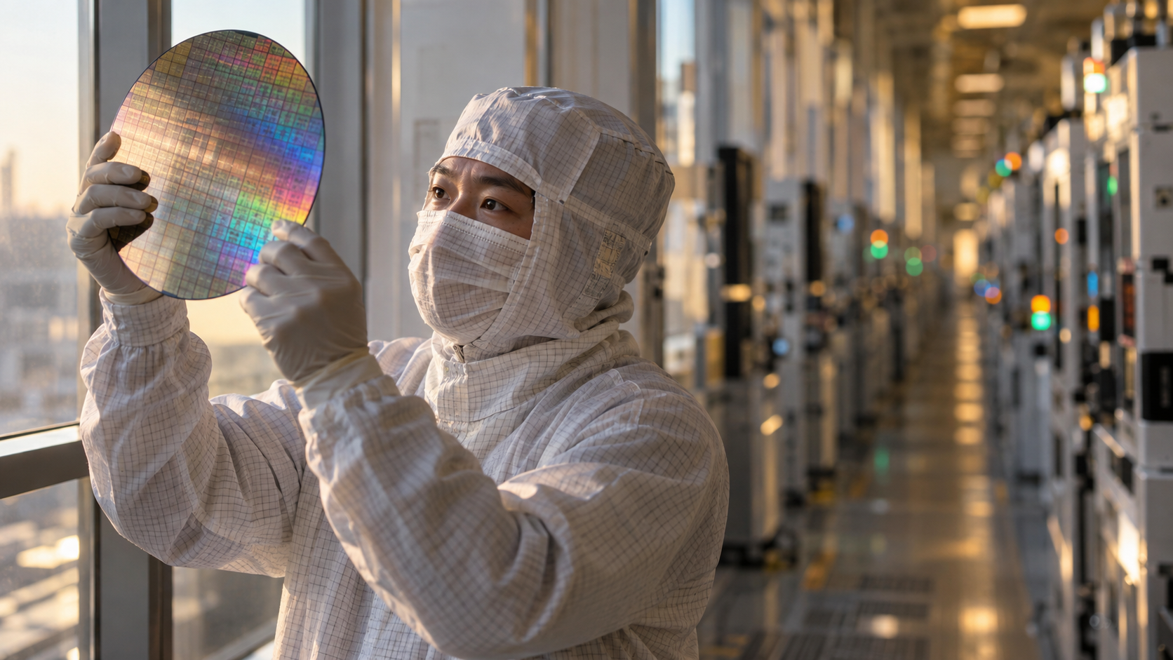 Ingegnere in camera bianca osserva un wafer di silicio controluce