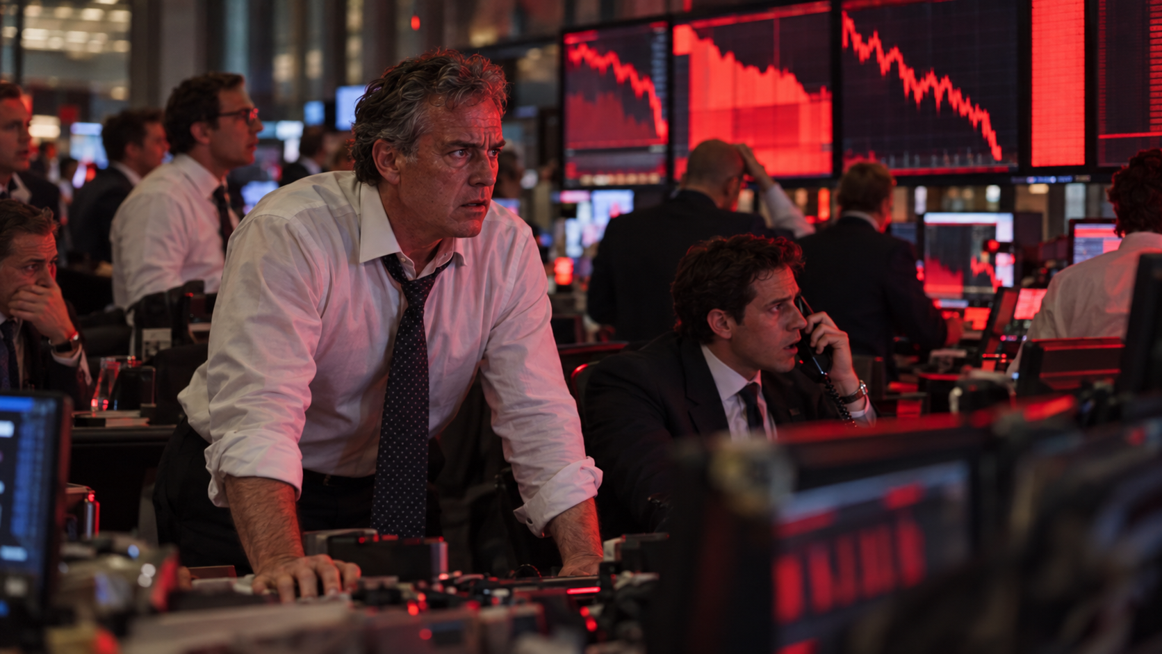 Trader in una sala operativa fissano schermi con grafici rossi in discesa subito dopo la pubblicazione del dato sull'inflazione